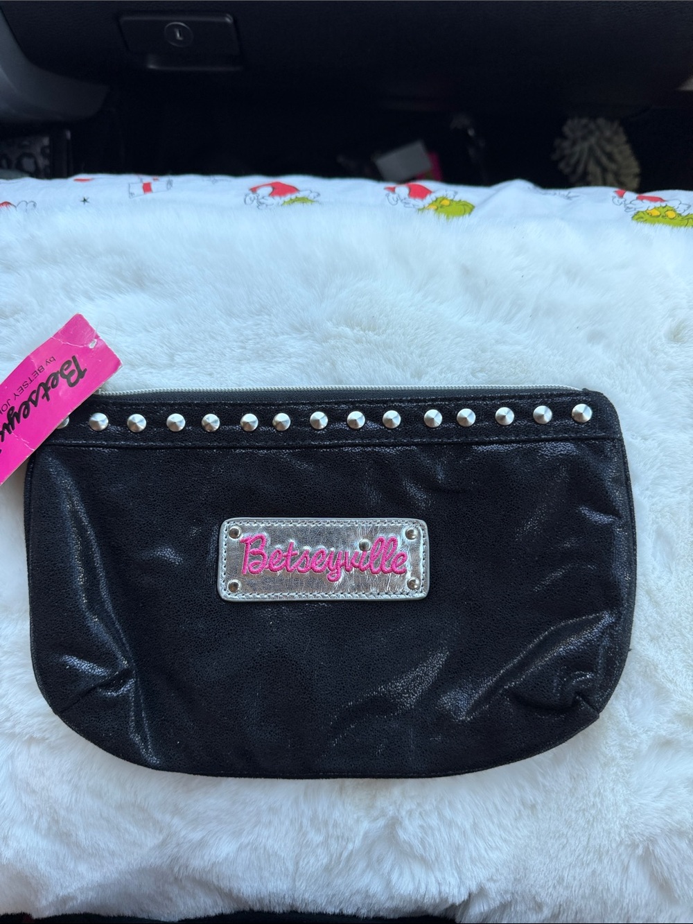 Betsy Johnson Shiny Black Studded Pouch/Makeup Bag NWT